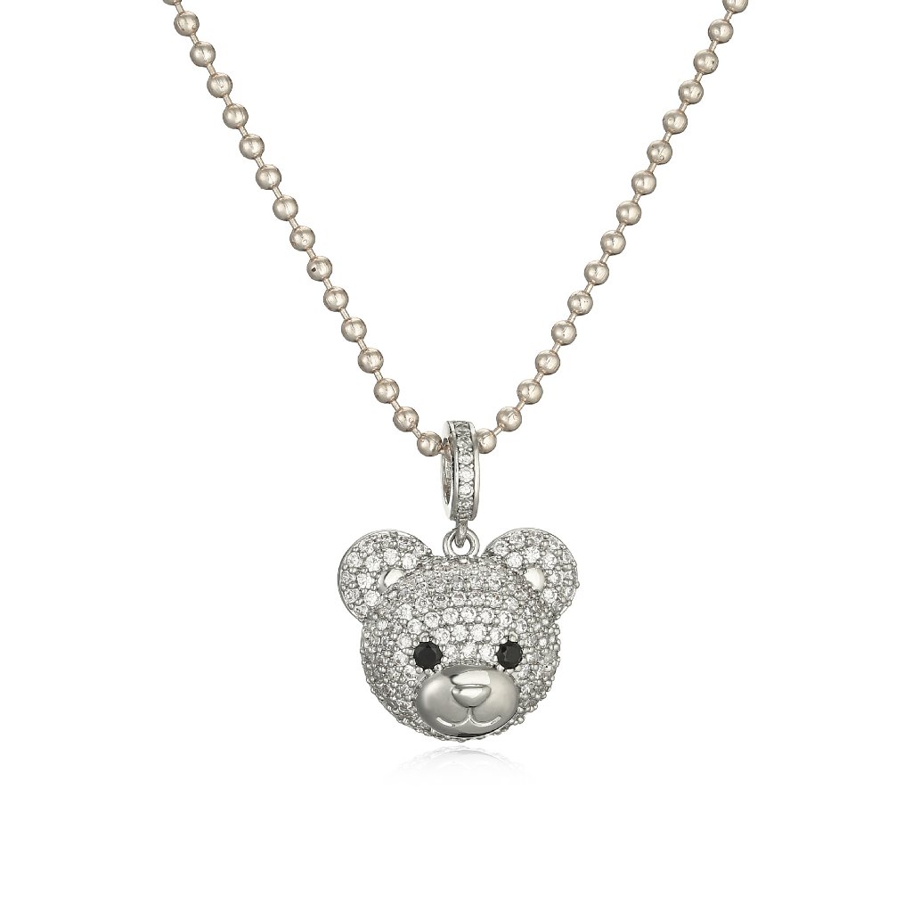 Cute Bear Pendant Necklace - Silver Clear Bead Chain