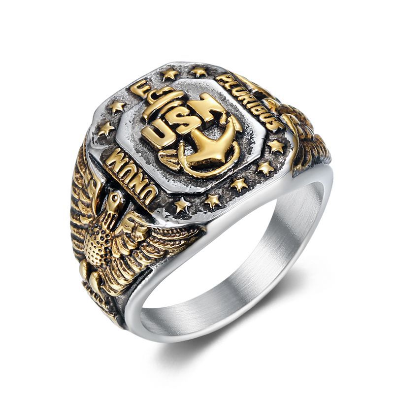 Two-Tone US Navy USN Anchor Eagle Signet Ring — Rings | MAOLE Fine Jewelry