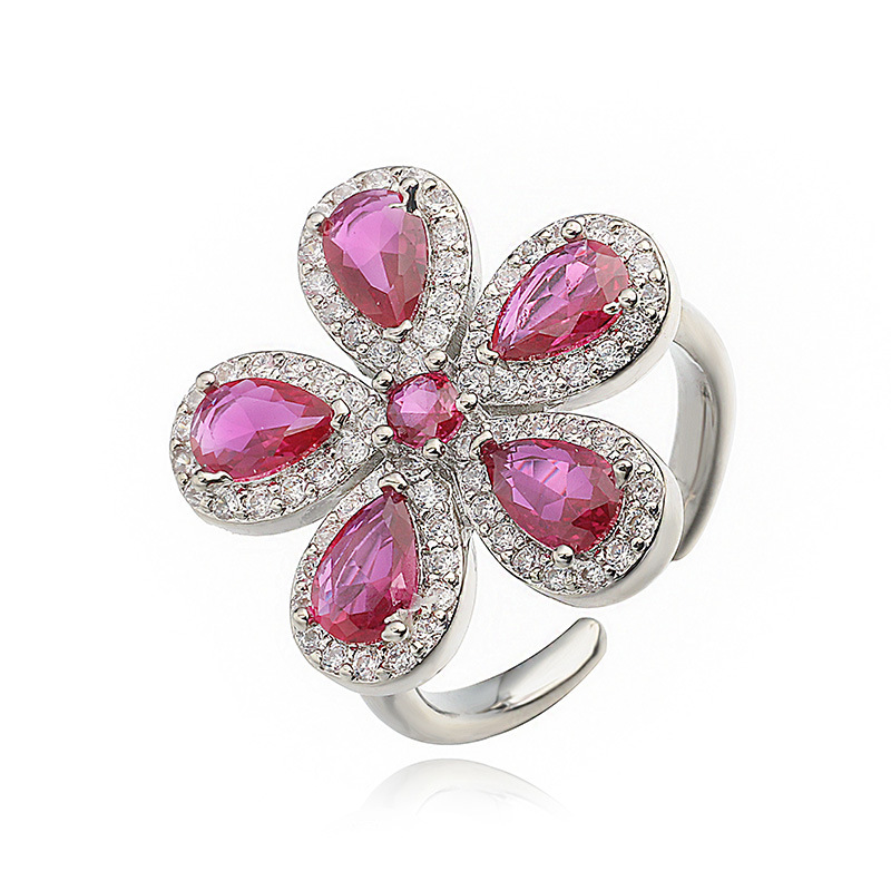 Copper Inlaid Colorful Zirconia Flower Petal Ring - Luxury Sparkle Five-Petal Adjustable Open Ring 13