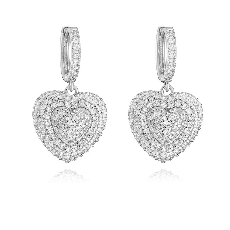 Exquisite Light Luxury Copper Inlaid Colorful Zircon Double-Layer Heart Huggie Hoop Earrings Super Sparkly Heart Dangle Charms — Silver-tone with Clear Heart