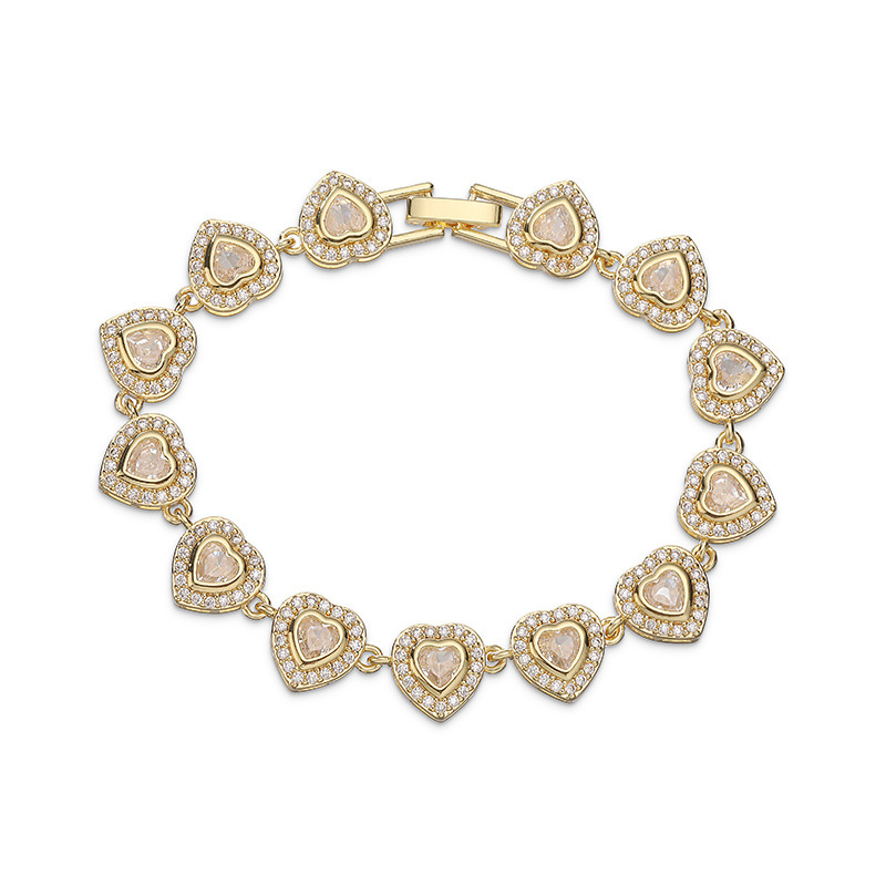 Copper Inlaid Crystal Heart Link Bracelet - Light Luxury Heart Charm — Gold Clear
