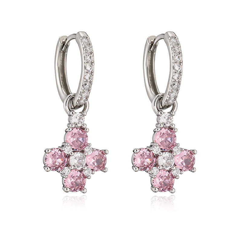 Copper Inlaid Colorful Zircon Flower Huggie Hoop Earrings Dainty Flower Petal Dangle Charms for Women — Silver-tone with Pink Flower