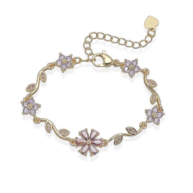 Copper Inlaid Colorful Zirconia Five-Petal Flower and Leaf Bracelet - Versatile Floral Petal Hand Accessory 9
