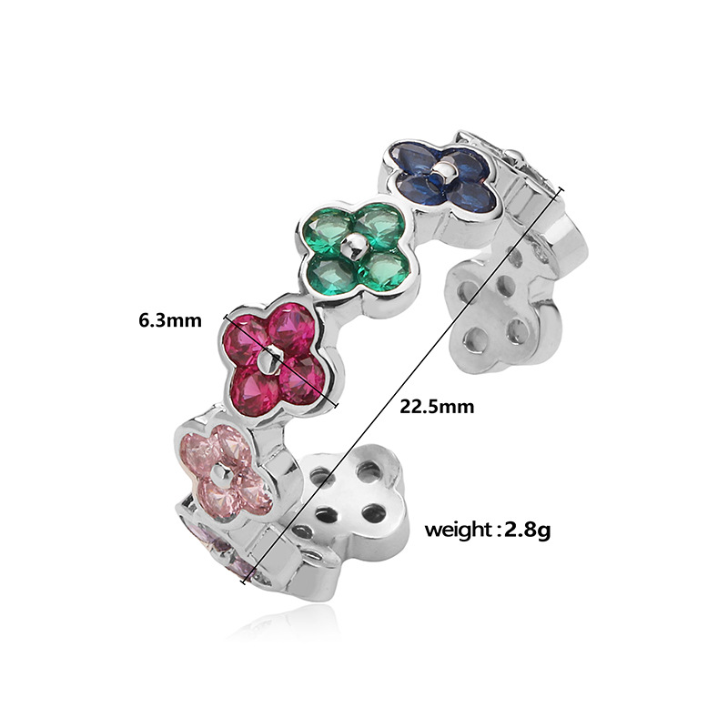 Copper Inlaid Color Diamond Flower Open Adjustable Ring Elegant Flower Petal Band (Silver Tone) — Multi-Color