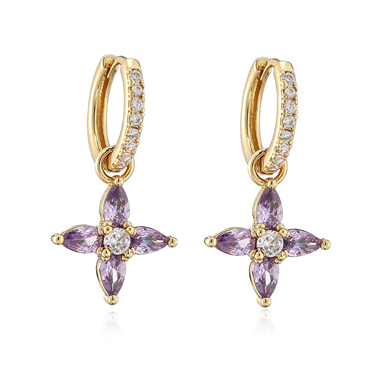 Copper Inlaid Colorful Zircon Marquise Petal Flower Huggie Hoop Earrings Dainty Floral Dangle Charms for Women — Gold-tone with Purple Flower