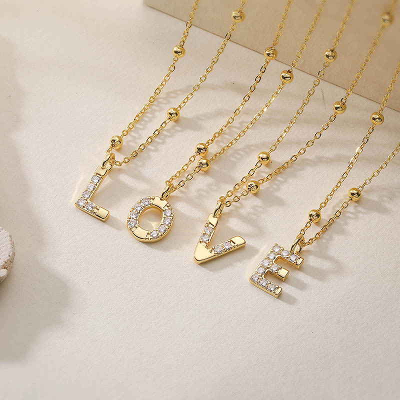 Gold-Tone Copper Zircon Inlaid 26 Letter Beaded Station Chain Necklace Versatile Alphabet Clavicle Chain 3
