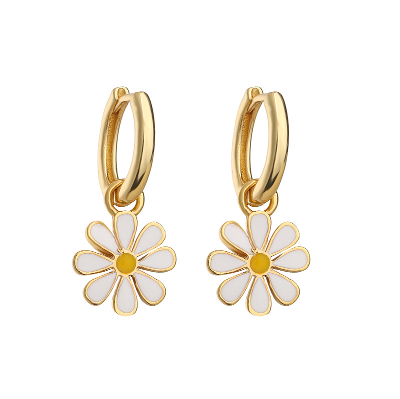 Drip Oil Fresh Daisy Hoop Earrings with Charm / Small Daisy Earrings (White) — Charms | MAOLE Fine Jewelry