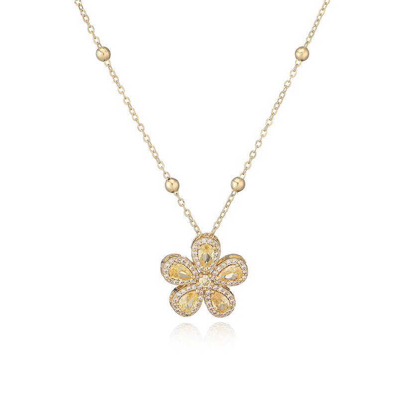 Copper-Inlaid Teardrop Colored Diamond Five-Petal Flower Pendant Necklace - Elegant Light Luxury Sparkling Floral Beaded Clavicle Chain 4
