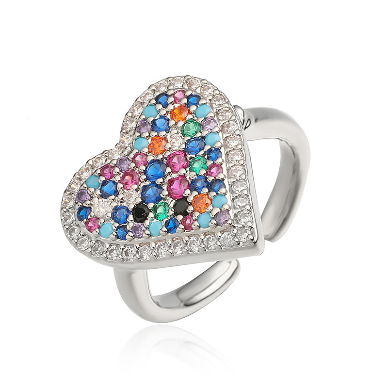 Fashion Luxury Copper Inlaid Colored Diamond Heart-Shaped Ring - Niche High-End Adjustable Jewelry — Silver-Rainbow