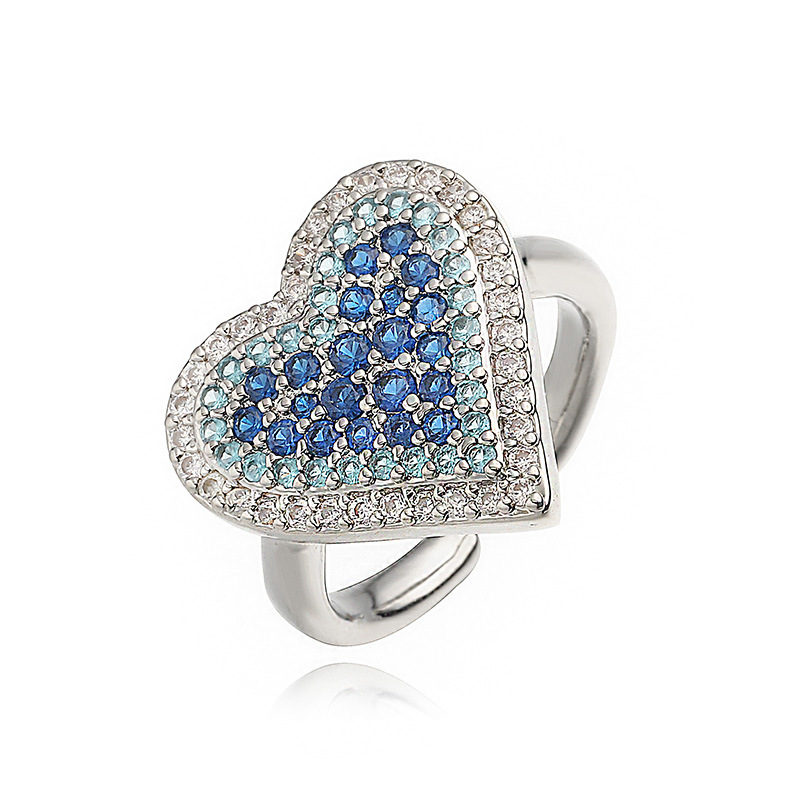 Fashion Luxury Copper Inlaid Colored Diamond Heart-Shaped Ring - Niche High-End Adjustable Jewelry — Silver-Blue