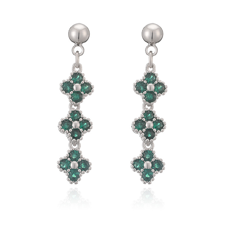 Elegant Crystal Flower Tassel Drop Earrings - Triple Floral Dangle Studs 24