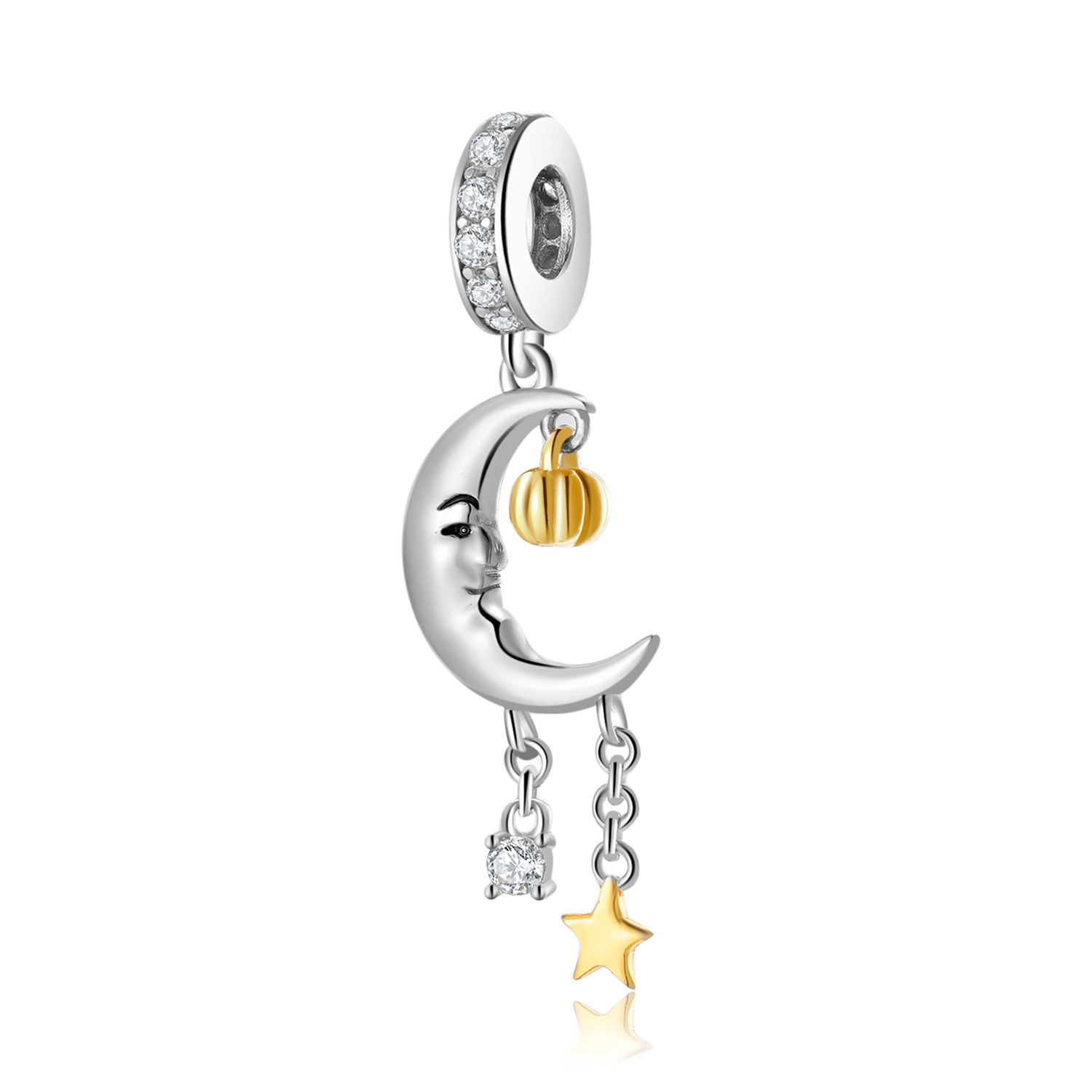 Moon with Pumpkin Halloween Charm Bead S925 Sterling Silver Crescent Moon with Dangling Pumpkin Star and Crystal for Bracelet — Charms | MAOLE Fine Jewelry