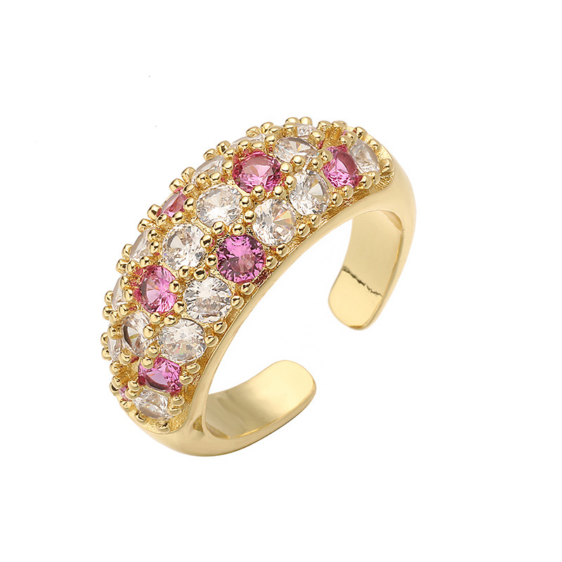 Copper Inlaid Colorful Diamond Circular Open Adjustable Ring Niche High-End Pave-Set Ring — Pink/Gold