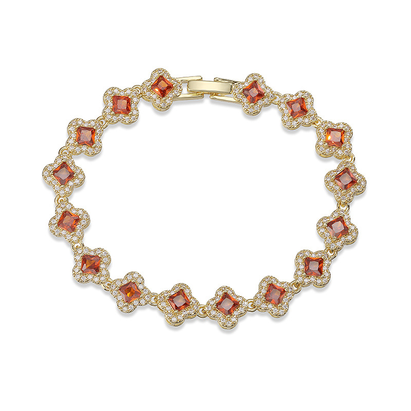 Copper Inlaid Colorful Zirconia Four-Leaf Clover Flower Petal Stackable Bracelet for Women - Luxury Sparkling Floral Bangle 17