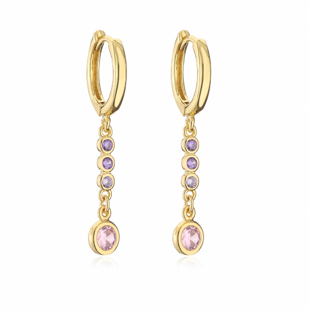 18K Gold Plated Copper Round Huggie Hoop Earrings with Colorful Zircon Dot Chain Dangle Charms — Long - Purple Chain with Pink End