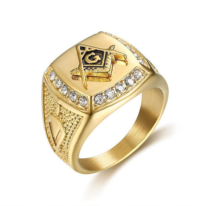 Gold-Plated Masonic Square and Compasses Rhinestone Ring — Rings | MAOLE Fine Jewelry