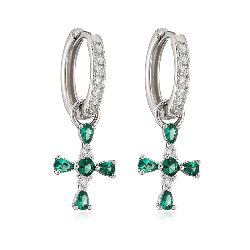 Copper Gold-Plated Colorful Zircon Cross Huggie Hoop Earrings Trendy Hip-Hop Style Cross Dangle Charms — Silver-tone with Green Cross