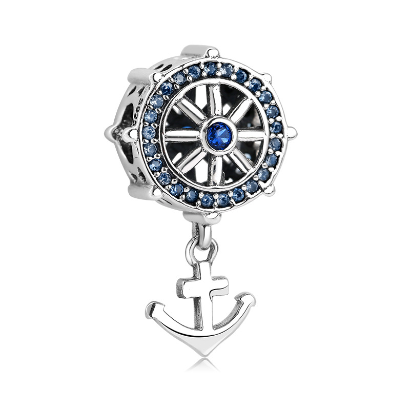 Ship Helm and Anchor Charm Bead S925 Sterling Silver Nautical Wheel with Blue CZ and Dangling Anchor for Bracelet — Charms | MAOLE Fine Jewelry