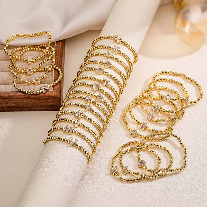 Copper-Inlaid Full Zirconia 26-Letter Alphabet Bead Elastic Bracelet - Niche Design Letter Round Bead Jewelry