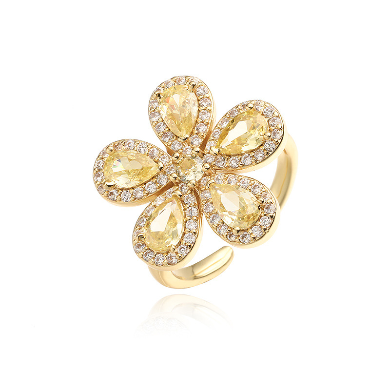 Copper Inlaid Colorful Zirconia Flower Petal Ring - Luxury Sparkle Five-Petal Adjustable Open Ring 9