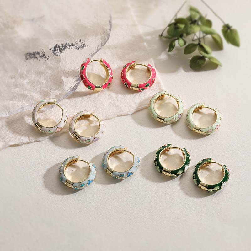 Colorful Enamel Rose Flower Hoop Huggie Earrings - Sweet Dopamine Camellia Style 2