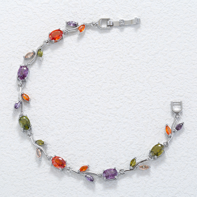 Elegant Versatile Copper-Inlaid Multi-Color Crystal Leaf and Petal Bracelet, Fashion Luxury Tulip Layering Jewelry