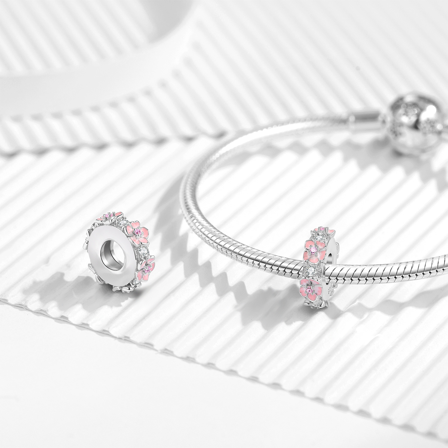 Sweet Cherry Blossom Spacer Charm S925 Sterling Silver Enamel Dangle for DIY Bracelet — view 3