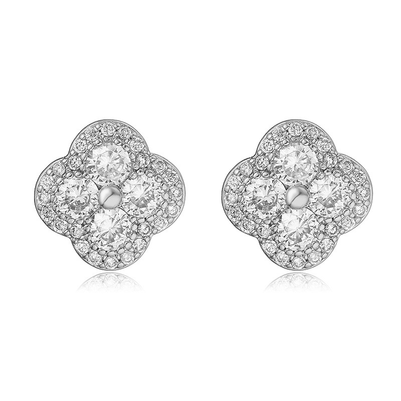 Copper Inlaid Color Stone Stud Earrings - Clover Flower (Silver, Clear)