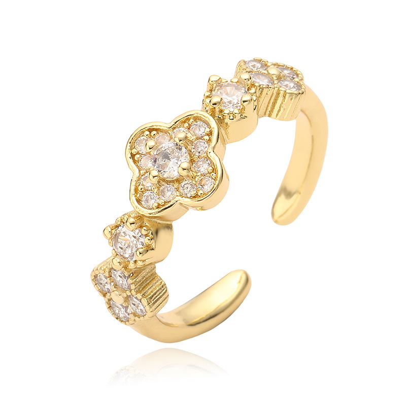 Copper Inlaid Multi-Color Zirconia Flower Ring for Women - Adjustable Open Ring — Clear White