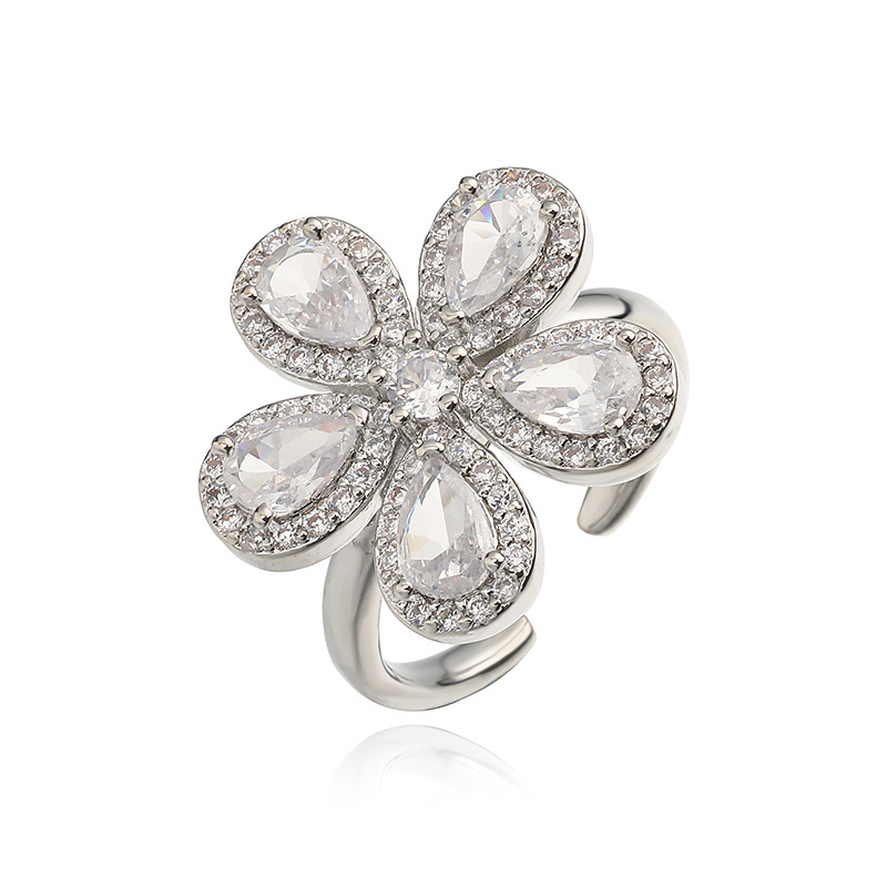 Copper Inlaid Colorful Zirconia Flower Petal Ring - Luxury Sparkle Five-Petal Adjustable Open Ring 10