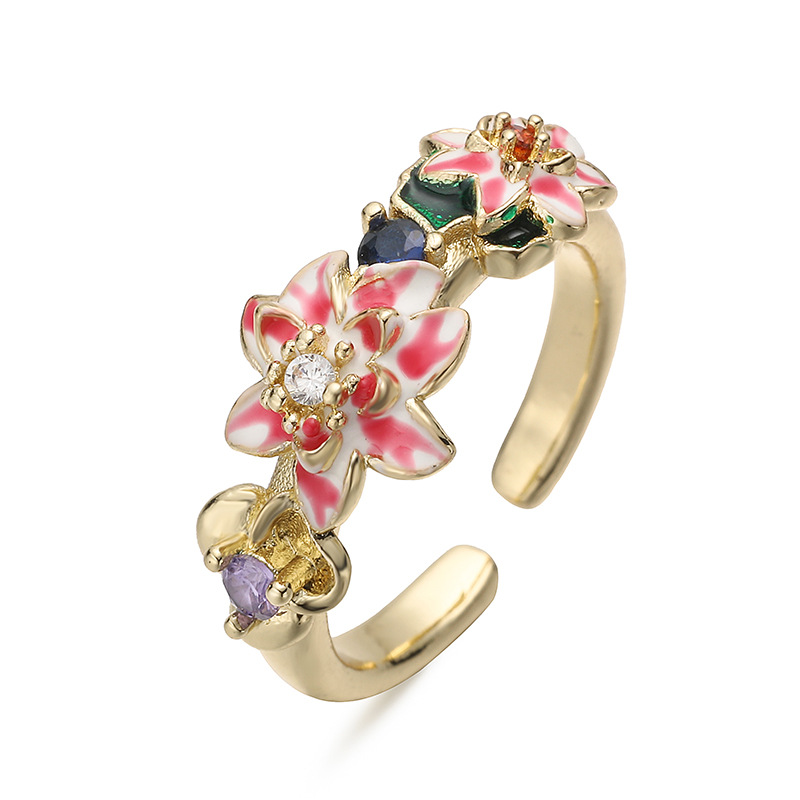 Copper Gold-Plated Colorful Enamel Floral Ring - Fresh Sweet Tulip Daisy Open Adjustable Finger Ring for Women — White Cherry Blossom Vine