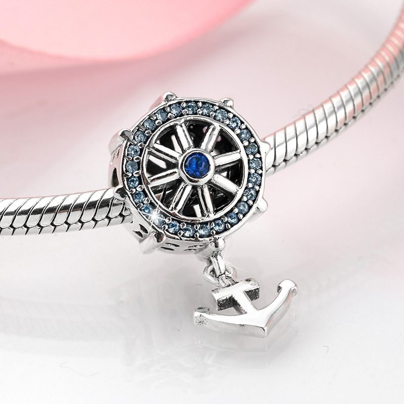 Ship Helm and Anchor Charm Bead S925 Sterling Silver Nautical Wheel with Blue CZ and Dangling Anchor for Bracelet — view 2