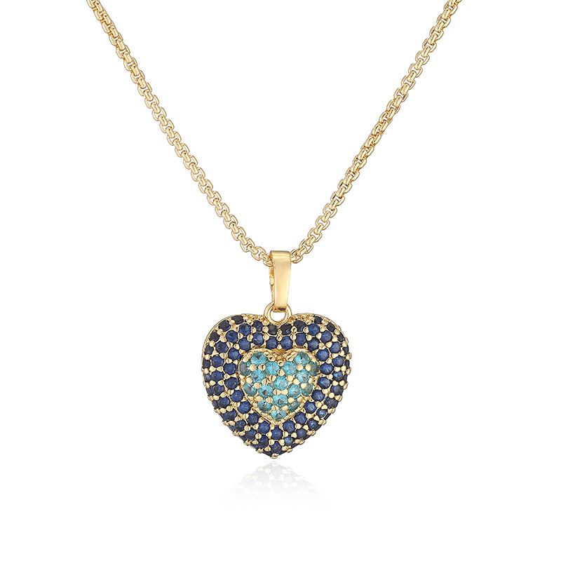 Exquisite Light Luxury Copper Inlaid Colorful Zircon Double-Layer Heart Pendant Necklace Super Sparkly Heart Dangle Charm Chain — Gold-tone with Blue Heart