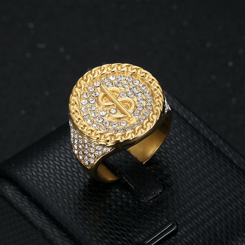 Gold-Plated Circular Dollar Sign Rhinestone Signet Ring 3