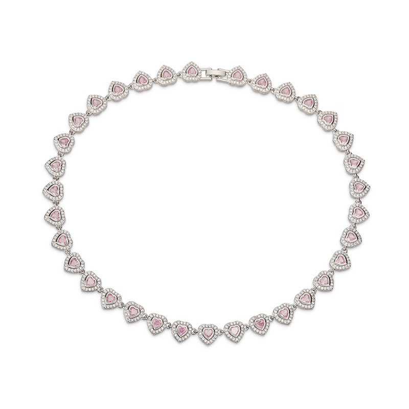 Copper Inlaid Crystal Heart Link Necklace - Light Luxury Heart Charm — Silver Pink