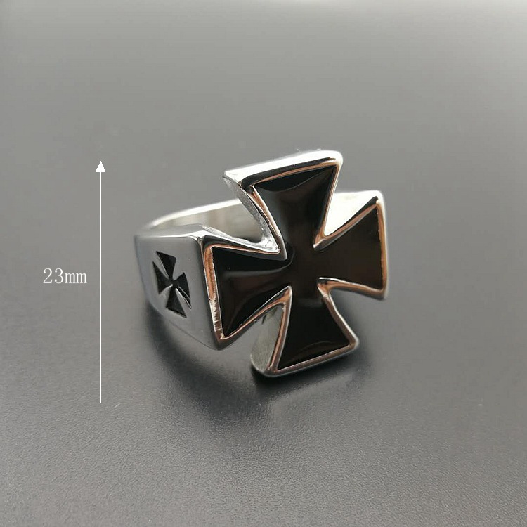Steel Iron Cross Black Enamel Signet Ring 3
