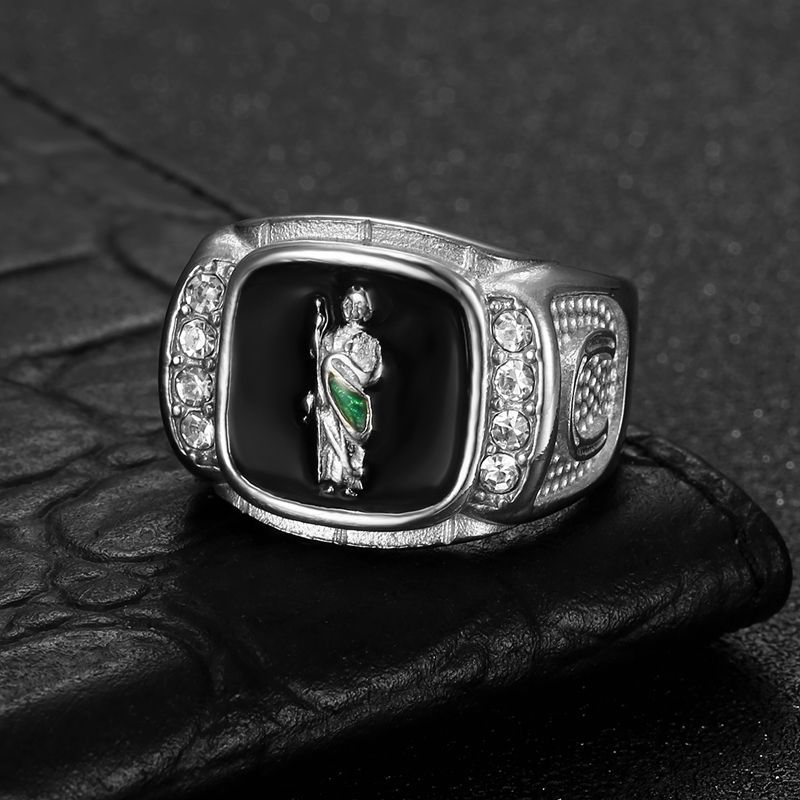 Steel Human Figure Rhinestone Signet Ring — view 2