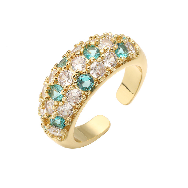 Copper Inlaid Colorful Diamond Circular Open Adjustable Ring Niche High-End Pave-Set Ring — Teal/Gold