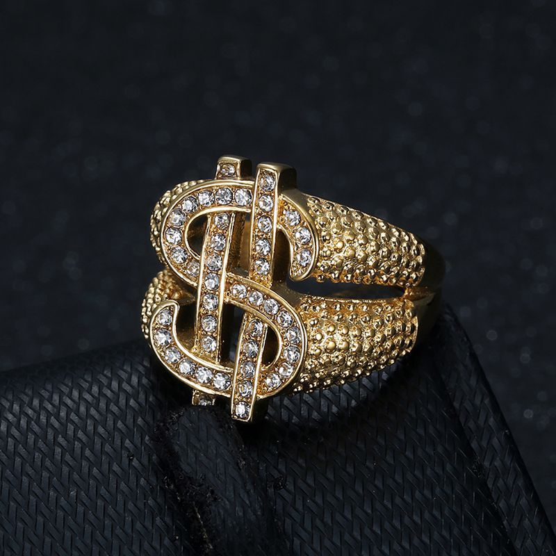 Gold-Plated Rhinestone Dollar Sign Signet Ring — view 4