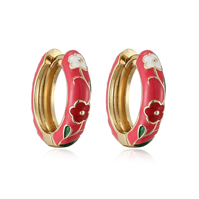 Colorful Enamel Rose Flower Hoop Huggie Earrings - Sweet Dopamine Camellia Style 5