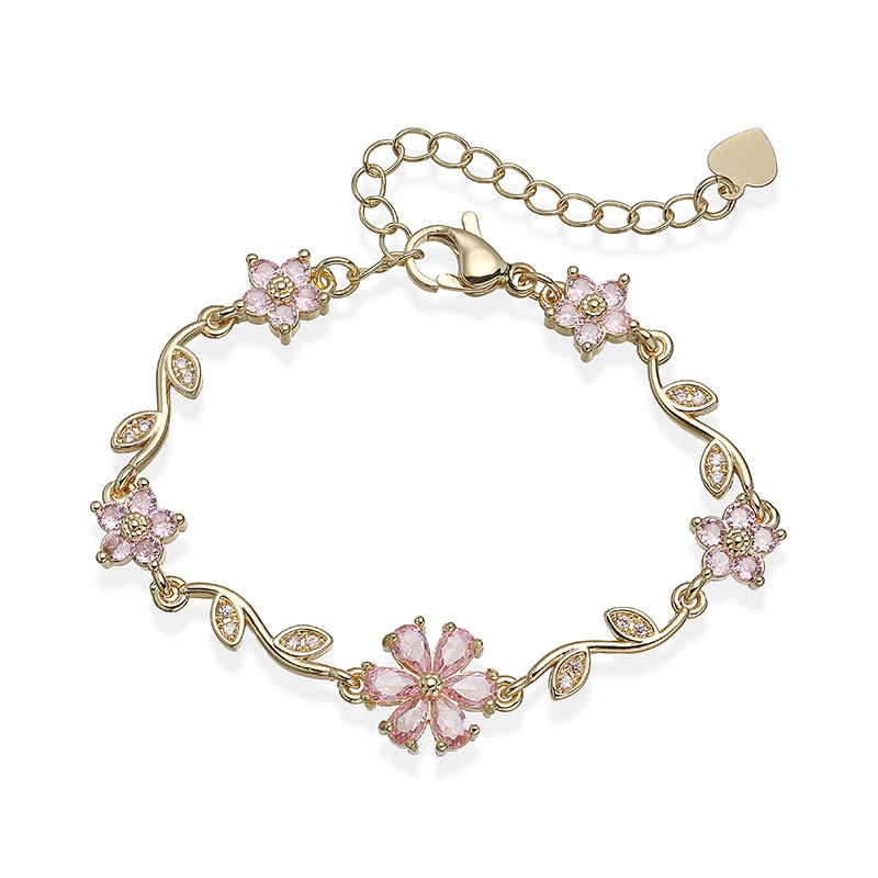 Copper Inlaid Colorful Zirconia Five-Petal Flower and Leaf Bracelet - Versatile Floral Petal Hand Accessory 6