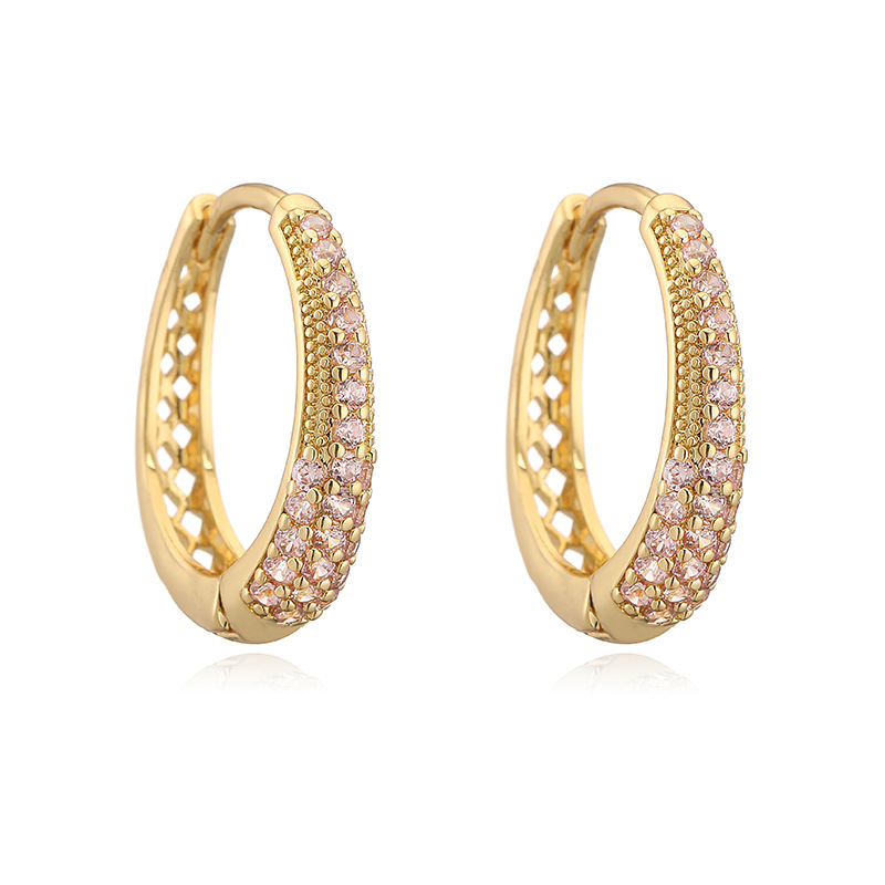 European Luxury Copper Inlaid Colored Diamond Oval Hoop Earrings Niche Design Hollow U-Shaped Huggie Earrings 6