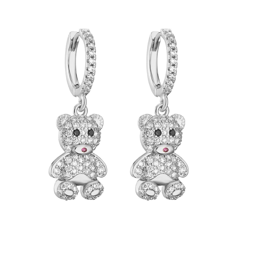 Zirconia Bear Drop Earrings - Silver Tone Huggie Hoop
