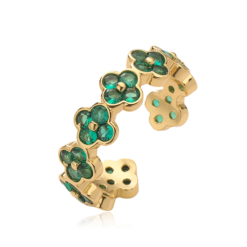 Copper Inlaid Color Diamond Flower Open Adjustable Ring Elegant Flower Petal Band — Emerald Green