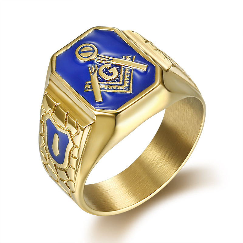 Gold-Plated Hexagonal Blue Enamel Masonic Signet Ring