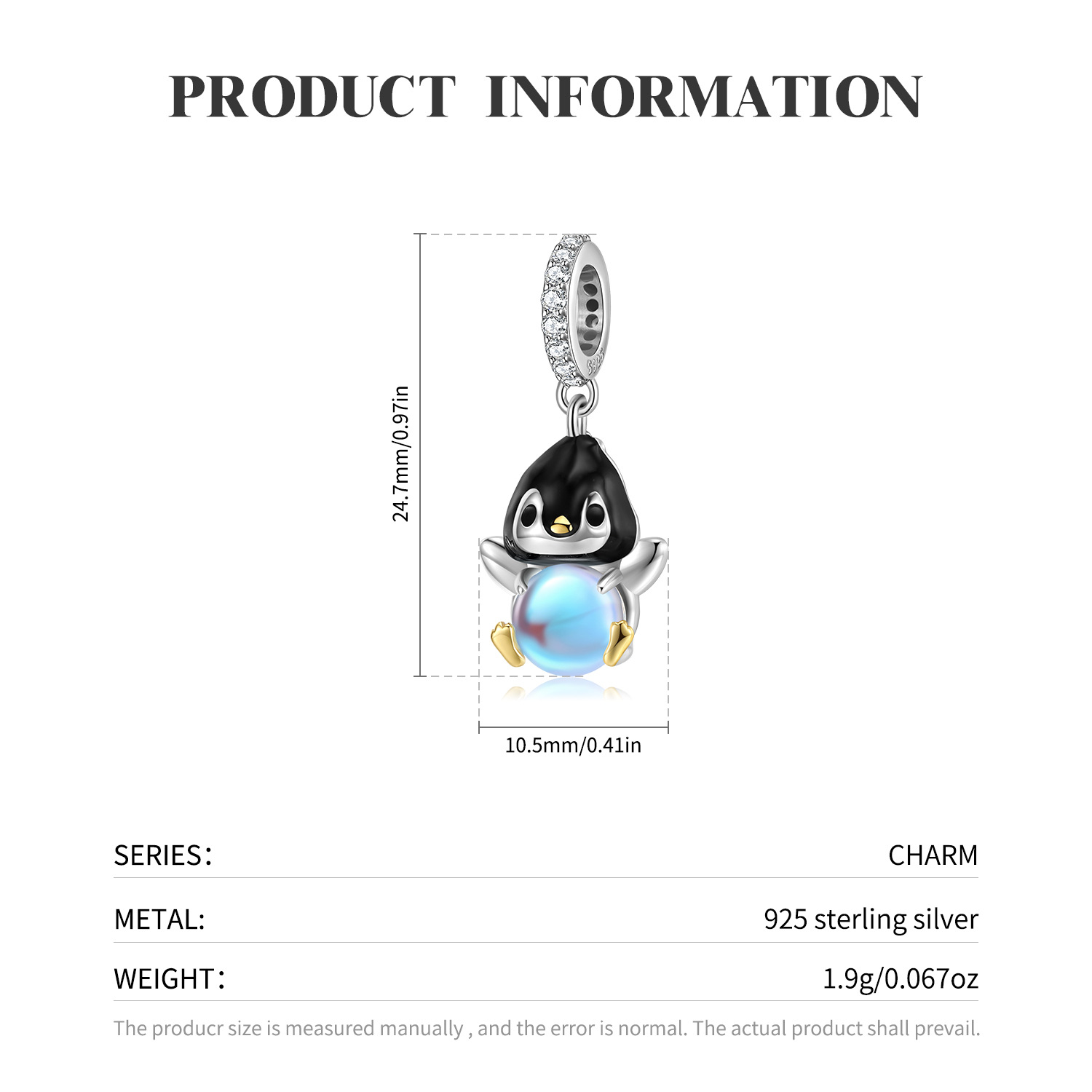 Cute Penguin Charm 925 Sterling Silver Inlaid Synthetic Moonstone for DIY Bracelet — view 3