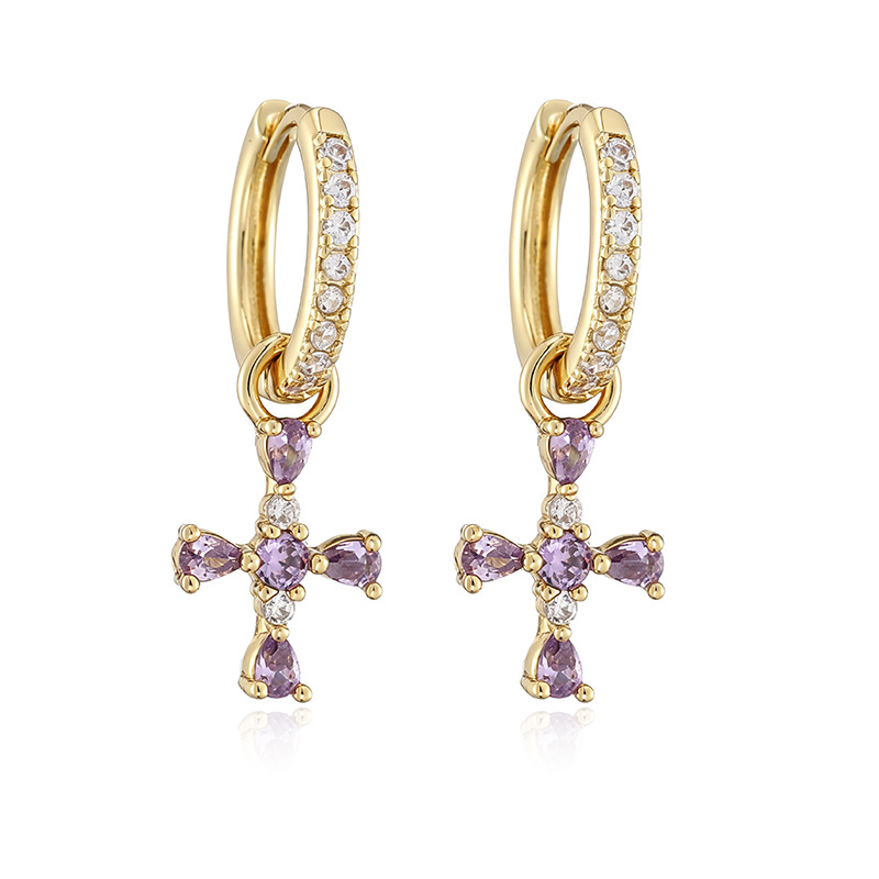 Copper Gold-Plated Colorful Zircon Cross Huggie Hoop Earrings Trendy Hip-Hop Style Cross Dangle Charms — Gold-tone with Purple Cross