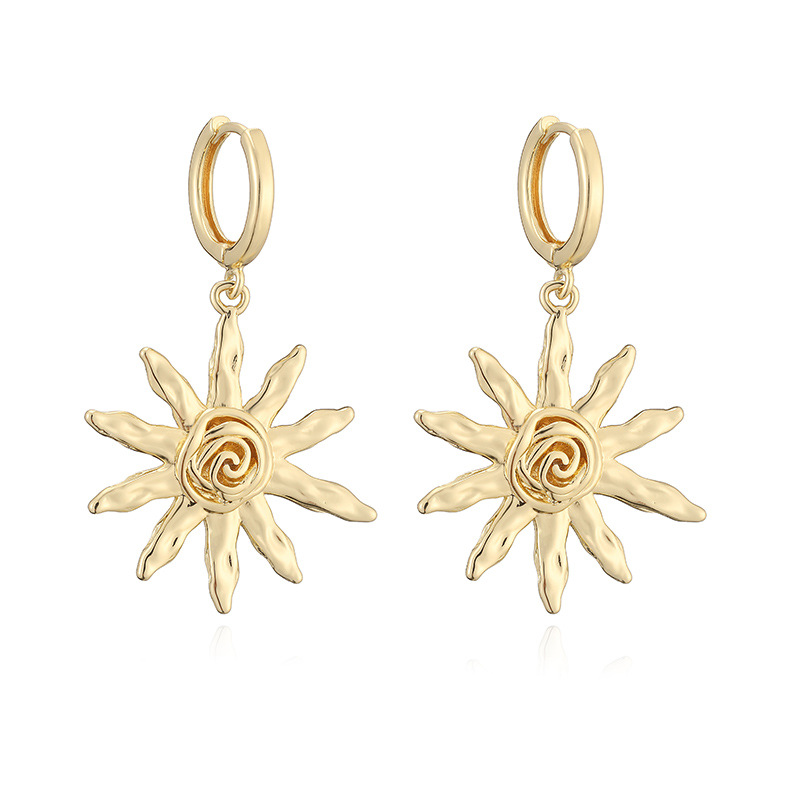 French Retro Copper Gold-Tone Sun Drop Hoop Earrings