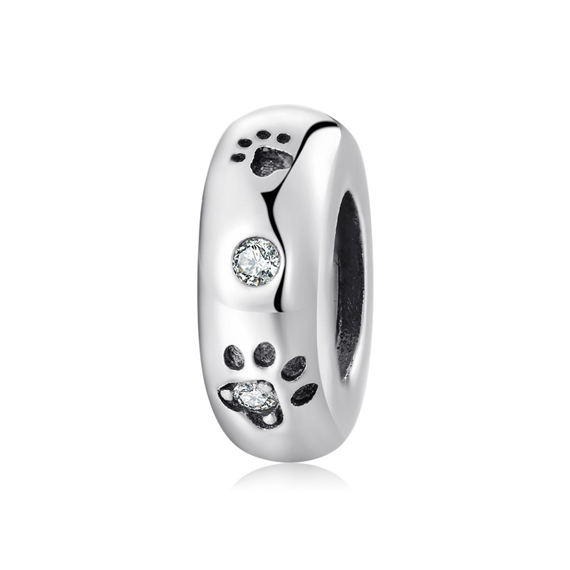 S925 Sterling Silver Spacer Bead Charm with Zircon – 7 Styles for Bracelet — Paw Print (CZ)