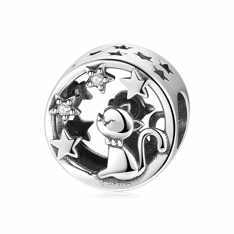 Cat and Star Charm Bead S925 Sterling Silver Openwork Dangle for DIY Bracelet — Charms | MAOLE Fine Jewelry